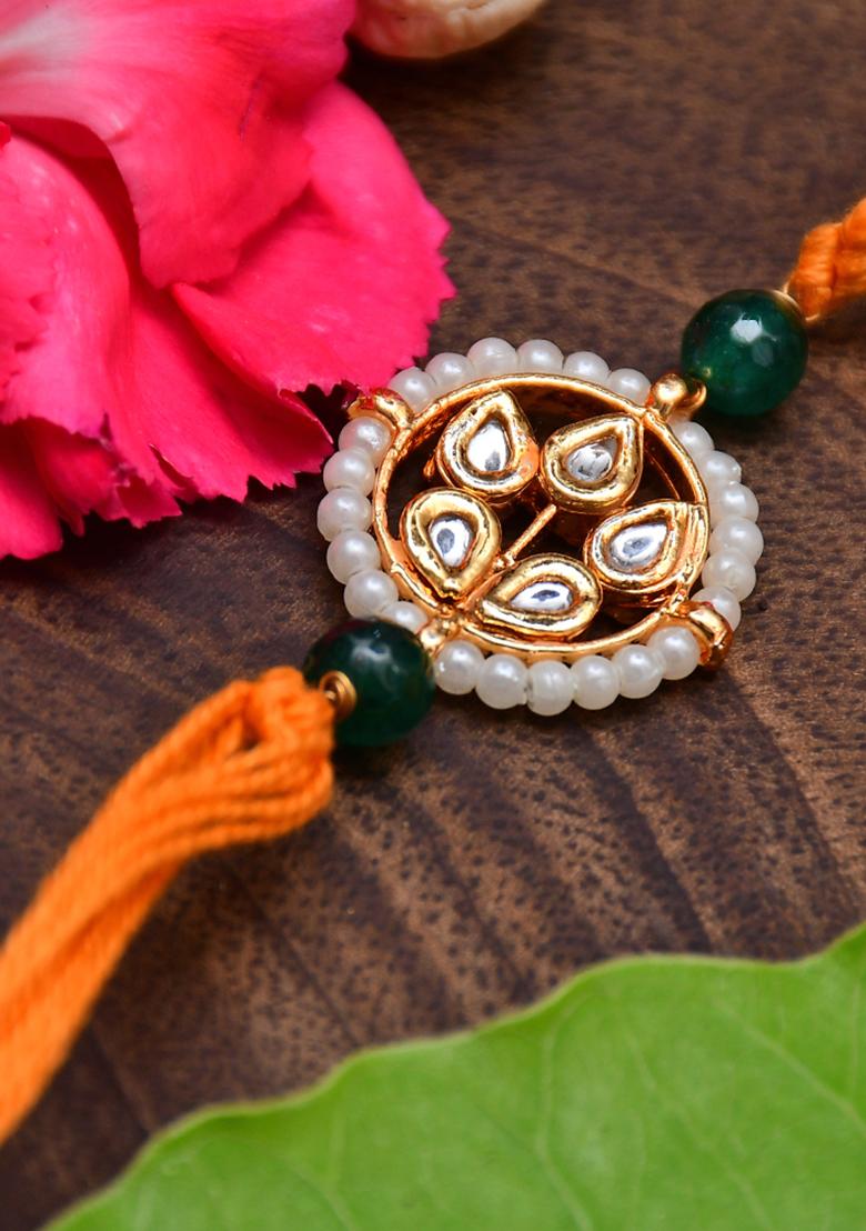Kundan Floral Gold Tone Kundan Rakhi With Organish Yellow