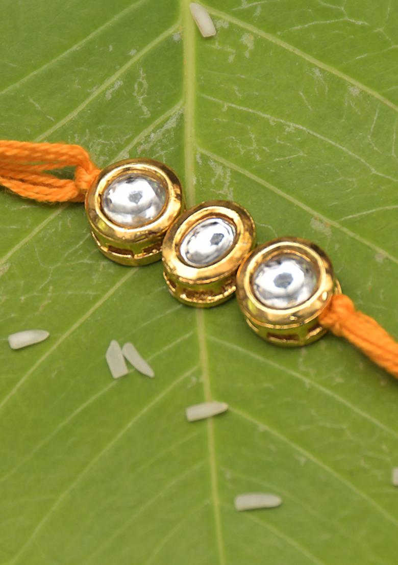 Yellow Orange Gold Tone Kundan Rakhi