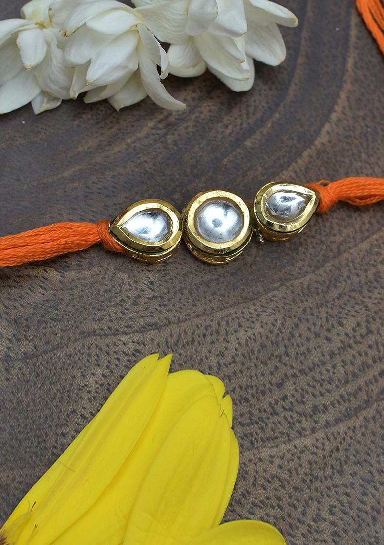 Orange Gold Tone Kundan Rakhi