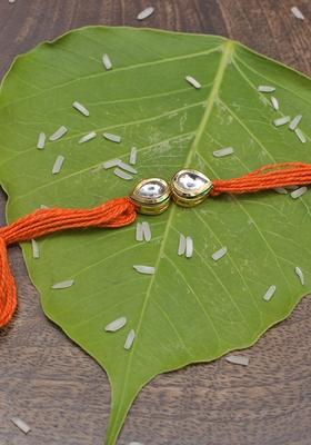 Orange Gold Tone Kundan Rakhi
