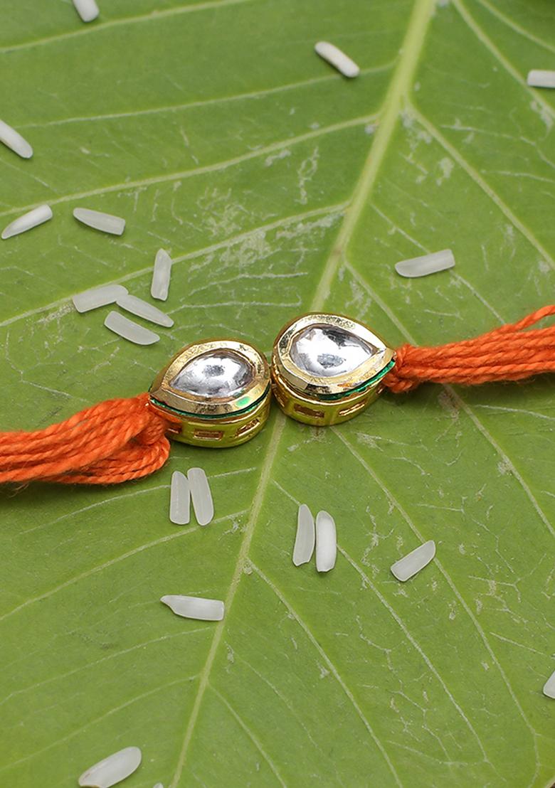 Orange Gold Tone Kundan Rakhi