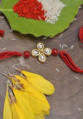 Kundan Floral Red Gold Tone Kundan Rakhi