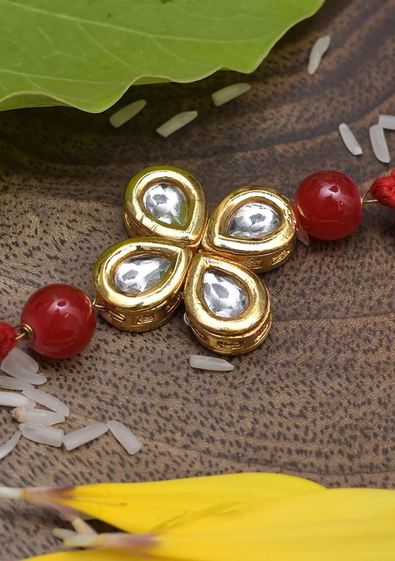 Kundan Floral Red Gold Tone Kundan Rakhi