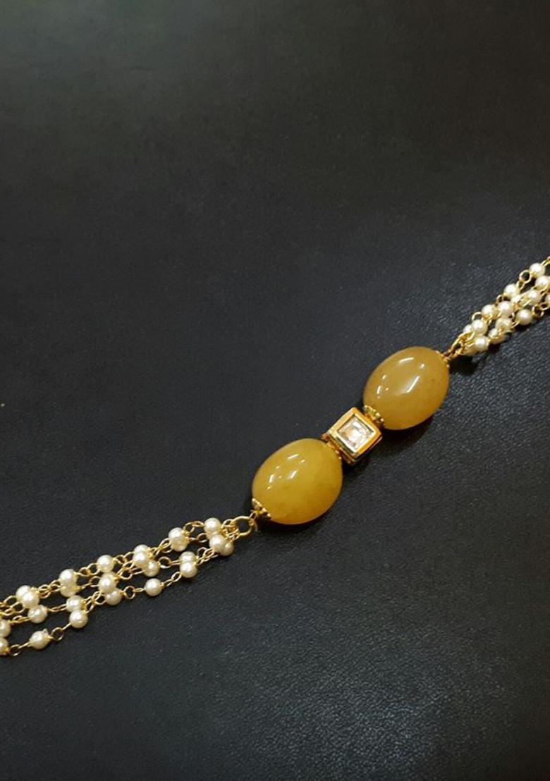Yellow Beaded Kundan Inspired Pearl Bracelet