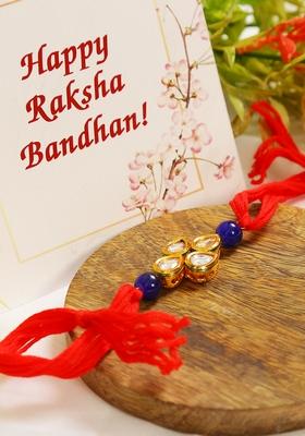 Red Gold Toned Blue Beaded Kundan Rakhi