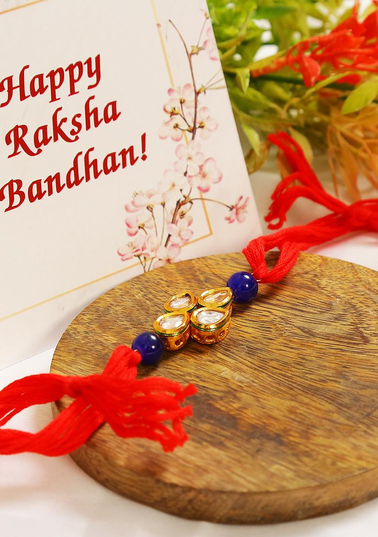 Red Gold Toned Blue Beaded Kundan Rakhi
