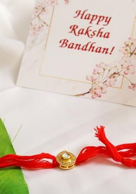 High Quality Kundan Studded Rakhi With Yellow Cotton Thread