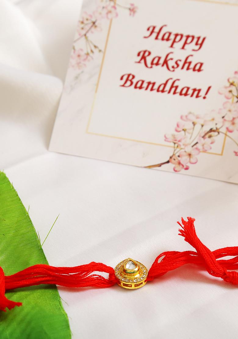 High Quality Kundan Studded Rakhi With Yellow Cotton Thread
