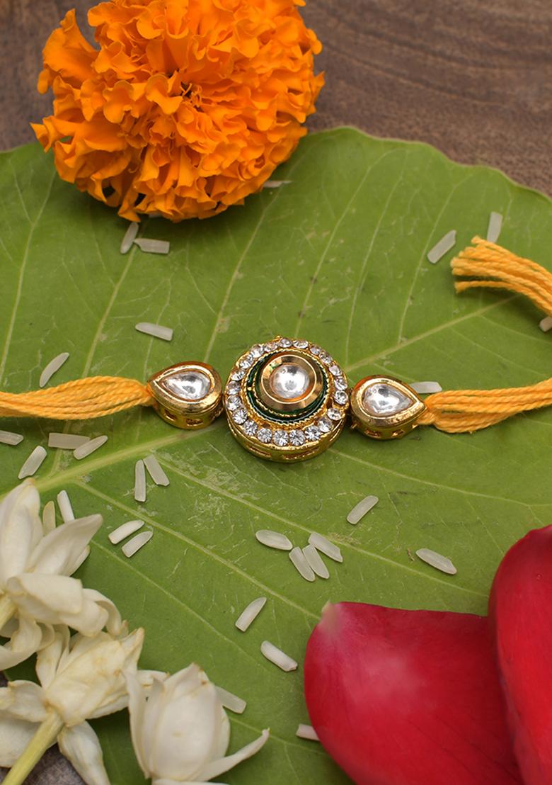 High Quality Kundan Studded Rakhi With Yellow Cotton Thread