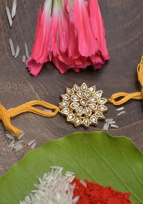 Yellow Gold Tone Floral Kundan Rakhi