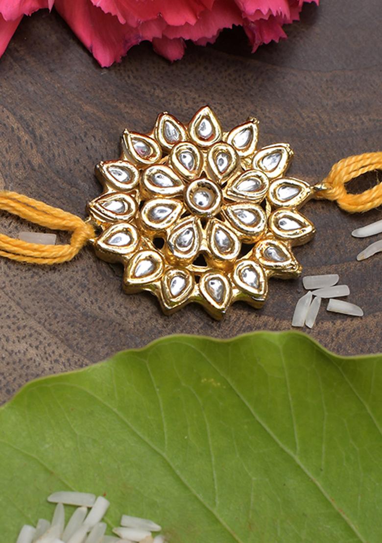 Yellow Gold Tone Floral Kundan Rakhi
