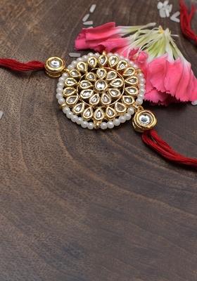 Yellow Gold Tone Floral Kundan Rakhi