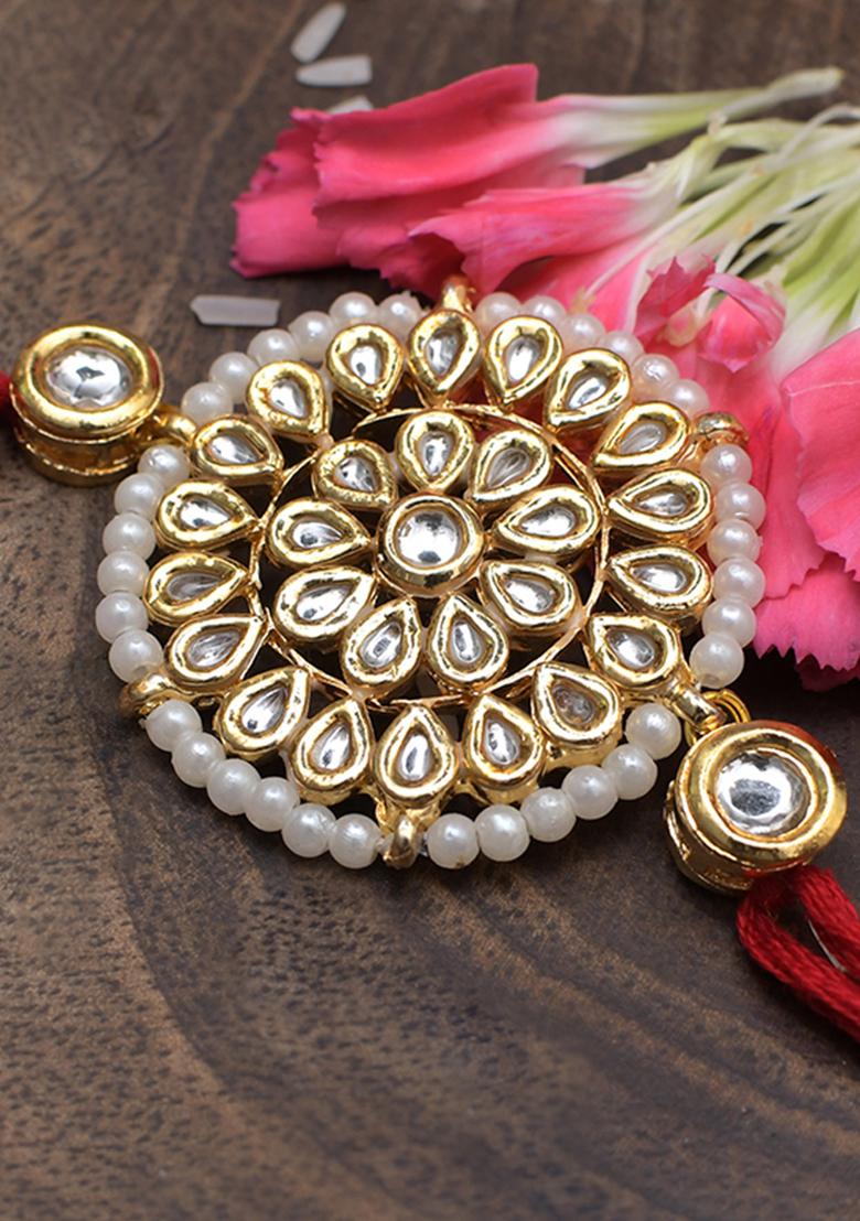 Yellow Gold Tone Floral Kundan Rakhi