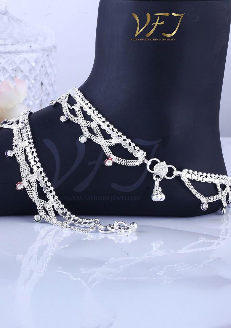 Rhodium Plated Artificial Stones Studded Anklets