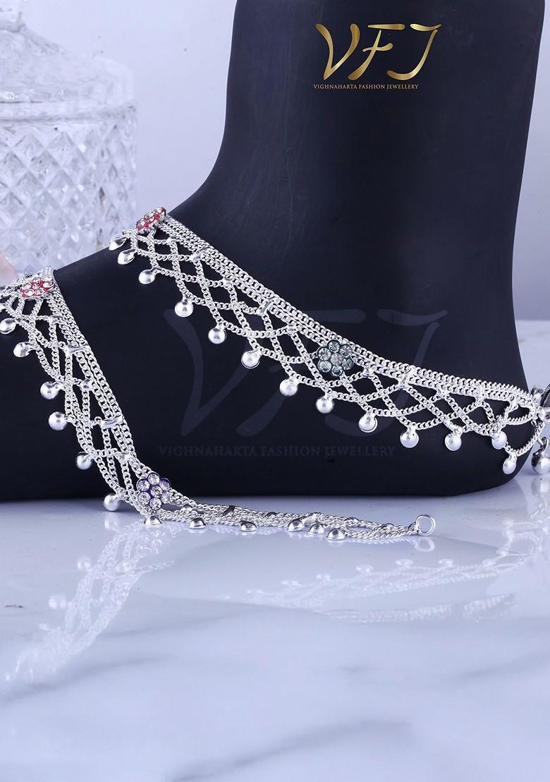 Rhodium Plated Artificial Stones Studded Anklets