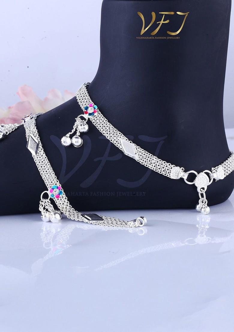 Rhodium Plated Artificial Stones Studded Anklets