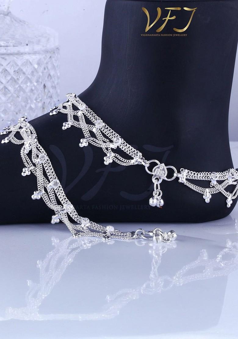 Rhodium Plated Artificial Stones Studded Anklets