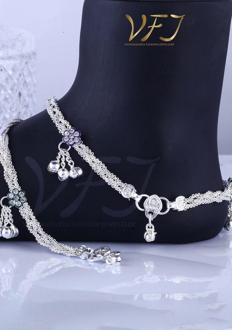 Rhodium Plated Artificial Stones Studded Anklets
