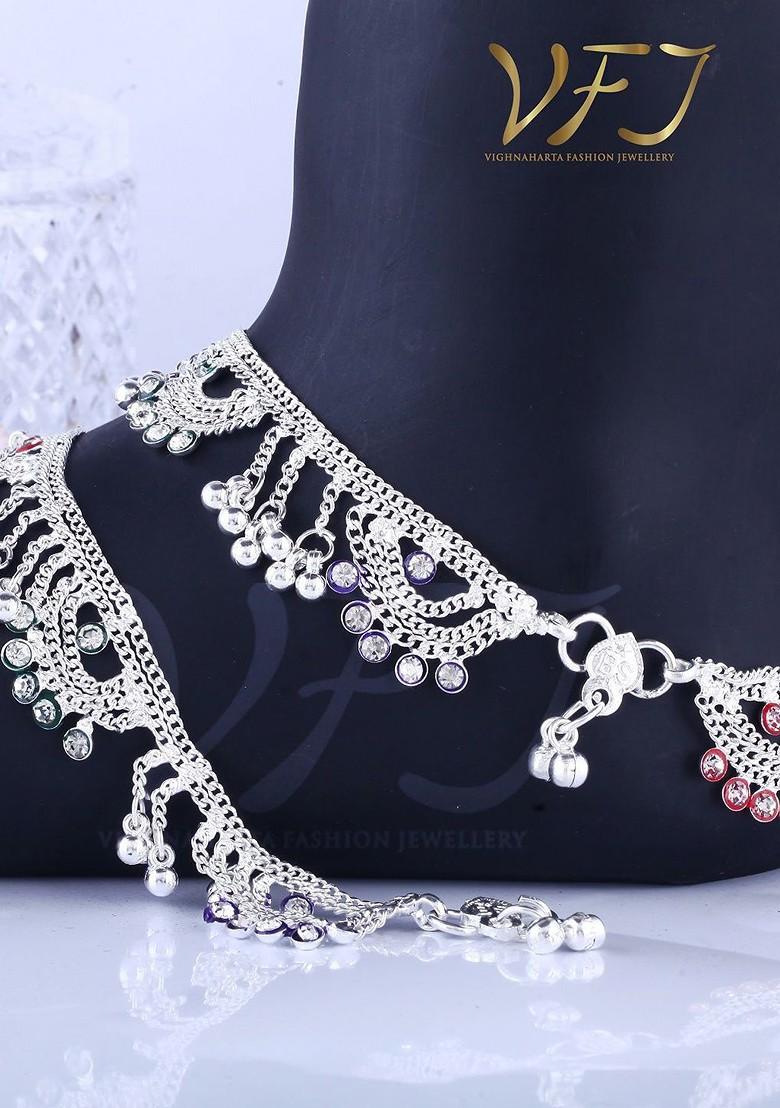 Rhodium Plated Artificial Stones Studded Anklets