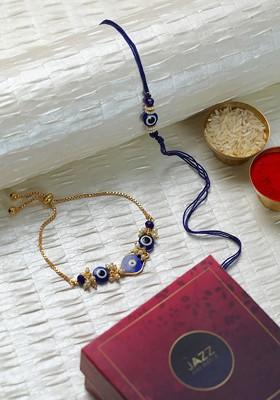 Set Of 2 Evil Eye And Beaded Charm Thread Rakhis With Roli And Rice