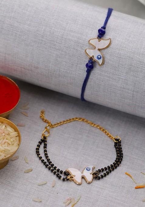 Set Of 2 Butterfly Evil Eye Shaped Thread Rakhis With Roli And Chawal