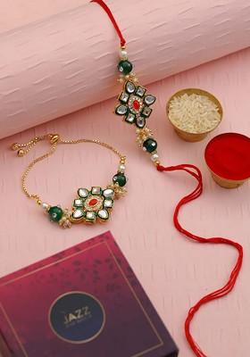 Set Of 2 Kundan Studded Thread Rakhis With Roli And Chawal