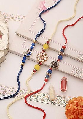 Set Of 3 Floral Stone Studded And Pearl Beaded Rakhi