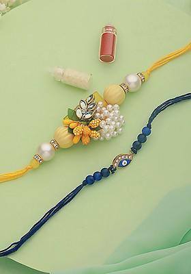 Set Of 2 Floarl And Evil Eye Beaded Thread Rakhi