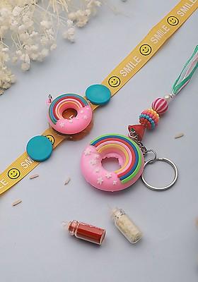 Kids Set Of 2 Donut Key Chain Designer Rakhi With Roli And Chawal