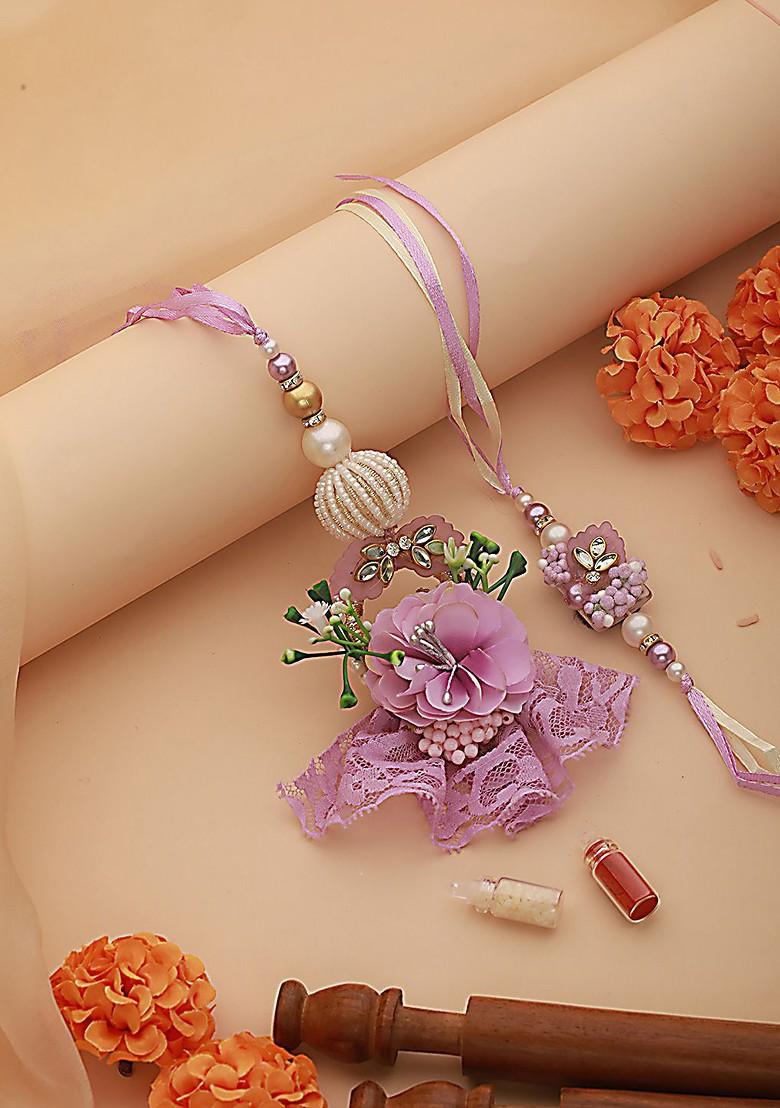 Floral And Lace Work Bhaiya Bhabhi Rakhi With Roli And Chawal