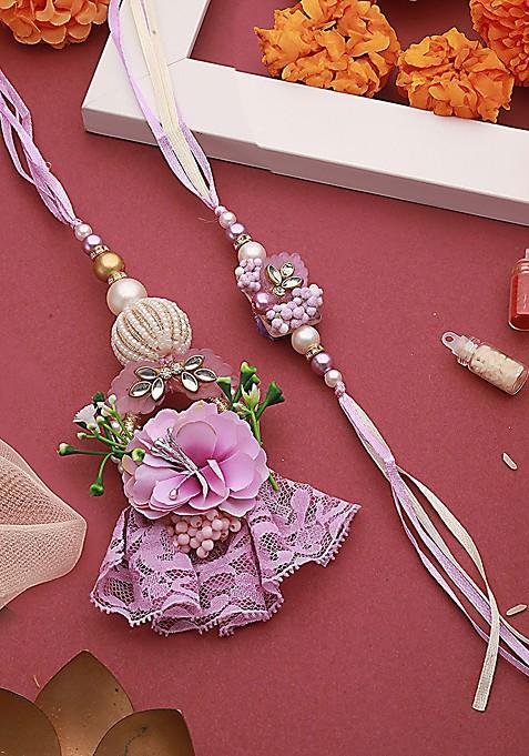 Floral And Lace Work Bhaiya Bhabhi Rakhi With Roli And Chawal