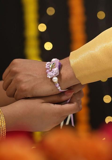 Floral And Lace Work Bhaiya Bhabhi Rakhi With Roli And Chawal