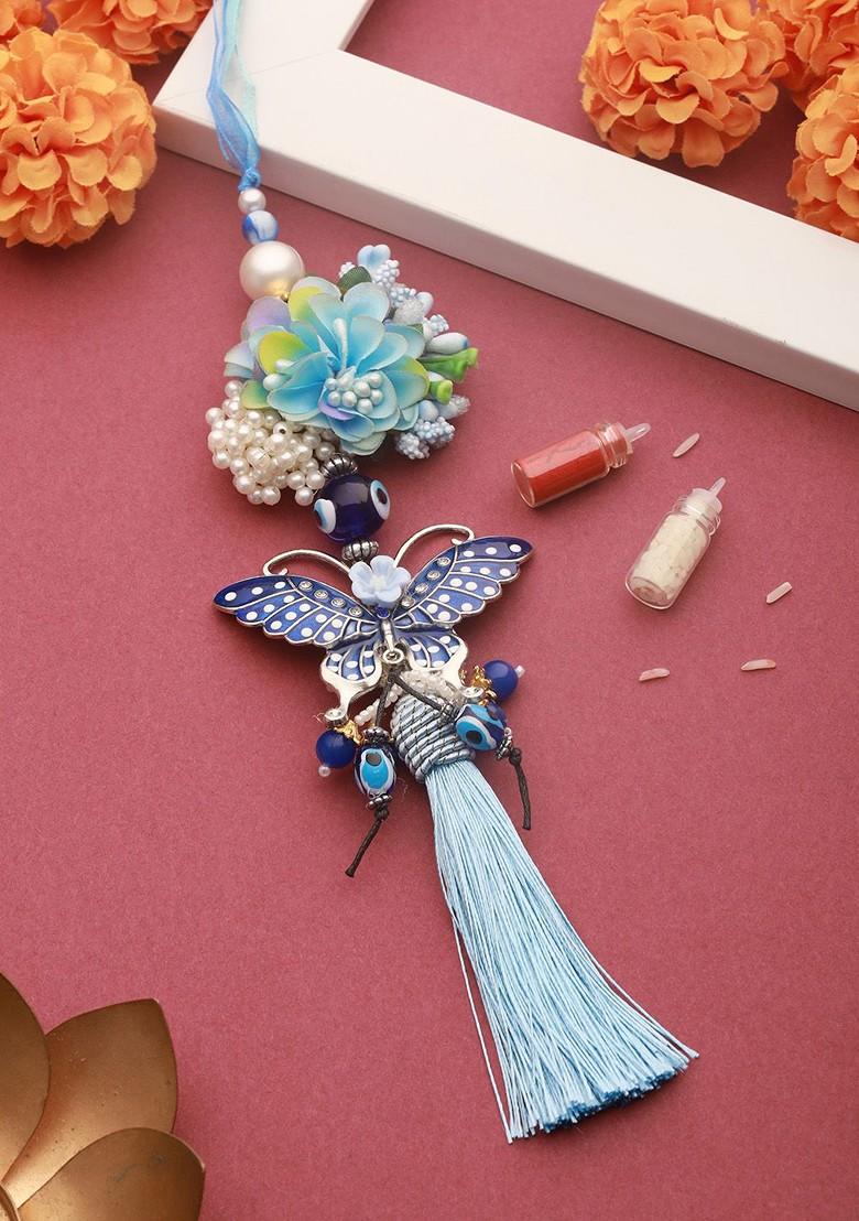 Butterfly Shaped Evil Eye Key Chain Floral Lumba Rakhi With Roli And Chawal - Indya