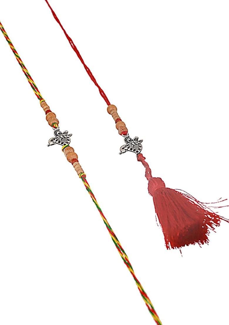 Peacock Shaped Bhaiya Bhabhi Tasselled Rakhi With Roli And Chawal