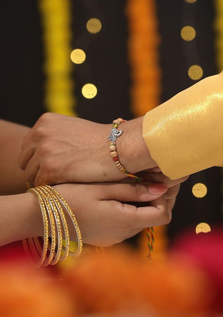 Peacock Shaped Bhaiya Bhabhi Tasselled Rakhi With Roli And Chawal