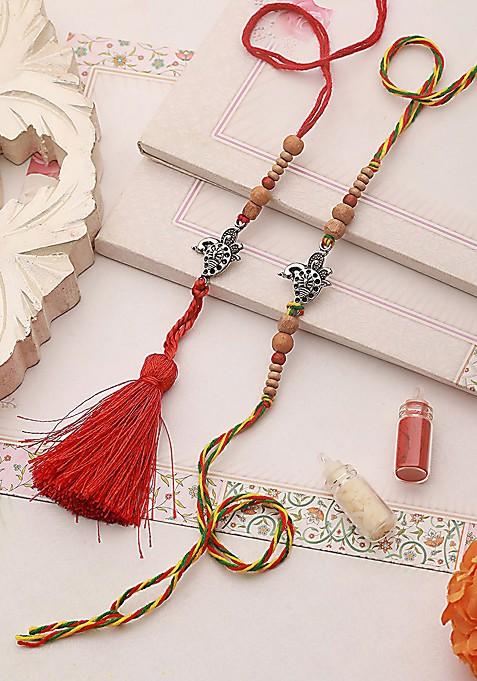 Peacock Shaped Bhaiya Bhabhi Tasselled Rakhi With Roli And Chawal