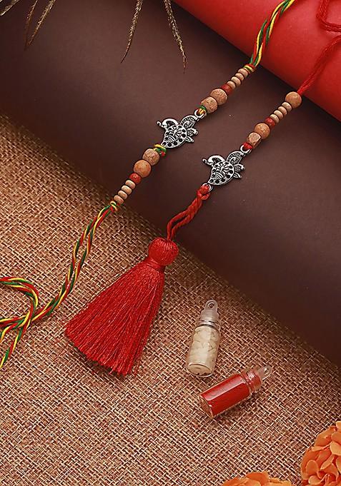 Peacock Shaped Bhaiya Bhabhi Tasselled Rakhi With Roli And Chawal