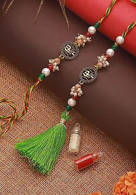 Trishul And Pearl Beaded Bhaiya Bhabhi Tasselled Rakhi With Roli And Chawal