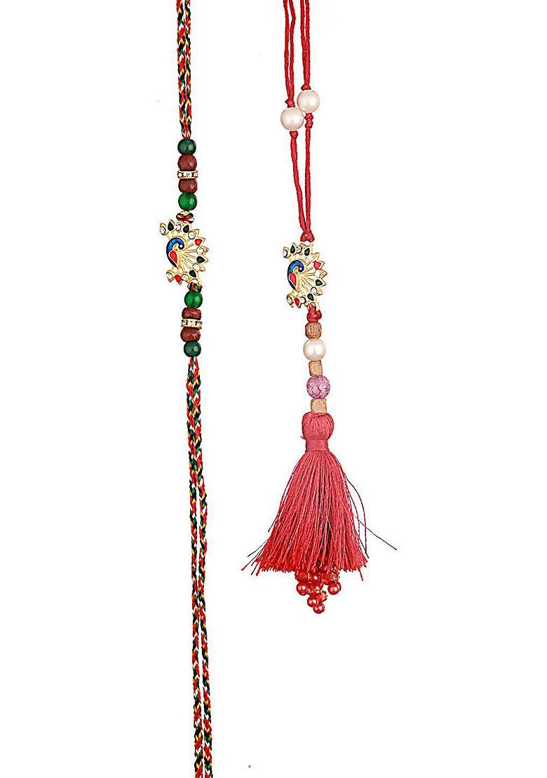 Peacock Shaped Bhaiya Bhabhi Tasselled Rakhi With Roli And Chawal