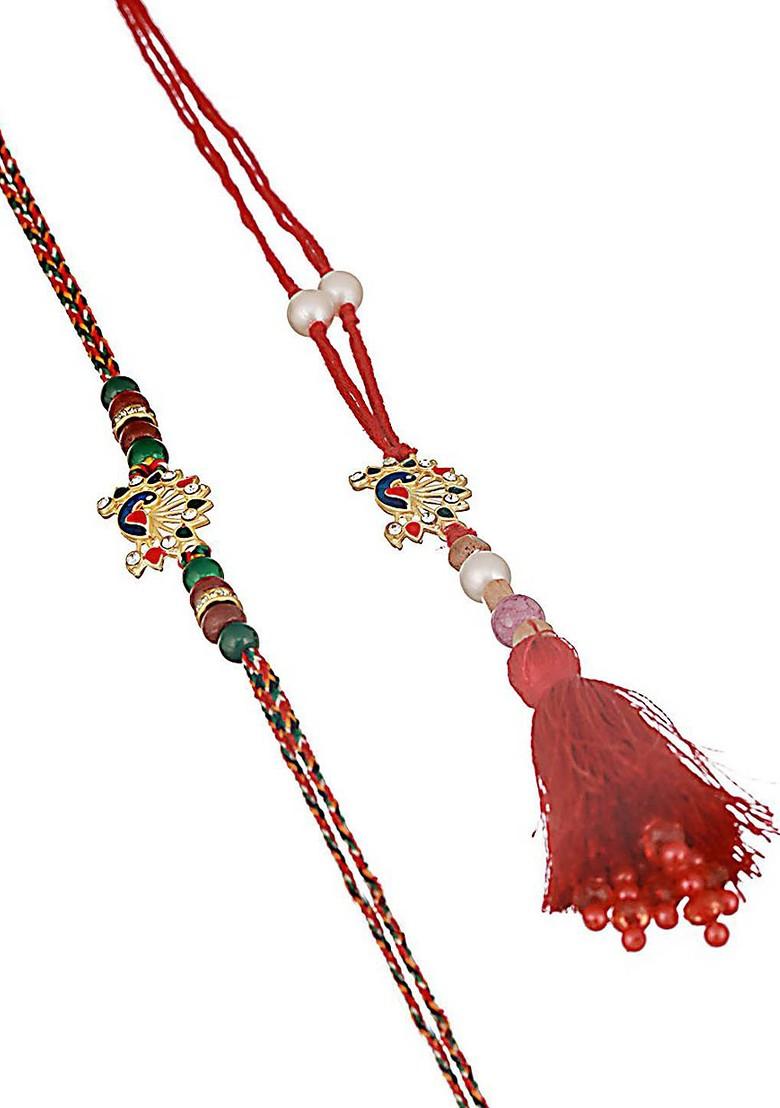Peacock Shaped Bhaiya Bhabhi Tasselled Rakhi With Roli And Chawal