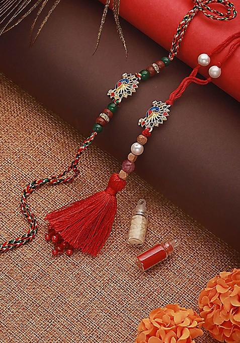 Peacock Shaped Bhaiya Bhabhi Tasselled Rakhi With Roli And Chawal