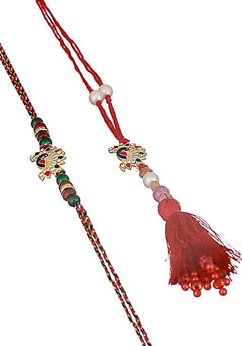 Peacock Shaped Bhaiya Bhabhi Tasselled Rakhi With Roli And Chawal