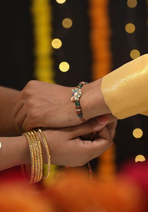 Peacock Shaped Bhaiya Bhabhi Tasselled Rakhi With Roli And Chawal