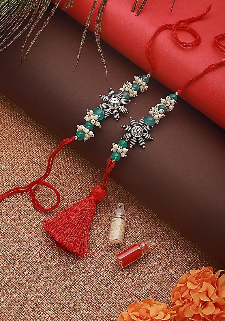 Swastik Motif And Mogra Beaded Bhaiya Bhabhi Rakhi With Roli And Chawal