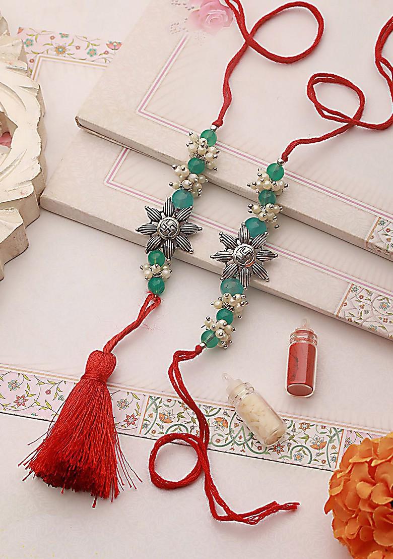 Swastik Motif And Mogra Beaded Bhaiya Bhabhi Rakhi With Roli And Chawal