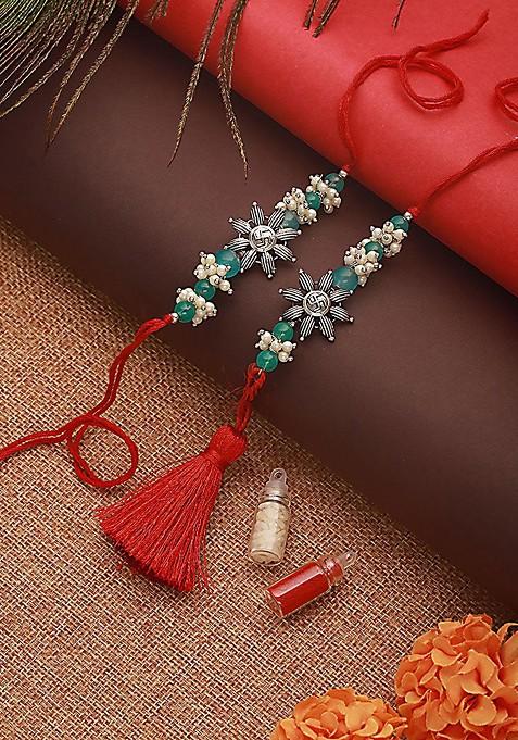 Swastik Motif And Mogra Beaded Bhaiya Bhabhi Rakhi With Roli And Chawal