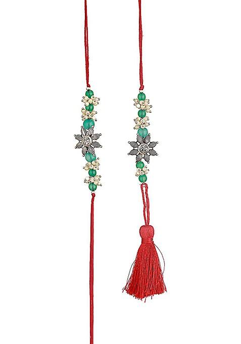 Swastik Motif And Mogra Beaded Bhaiya Bhabhi Rakhi With Roli And Chawal