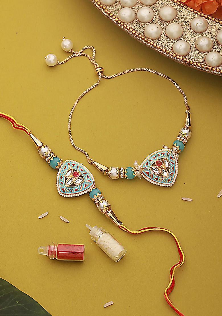 Kundan Studded And Pearl Beaded Meenakari Bhaiya Bhabhi Chain Rakhi With Roli And Chawal