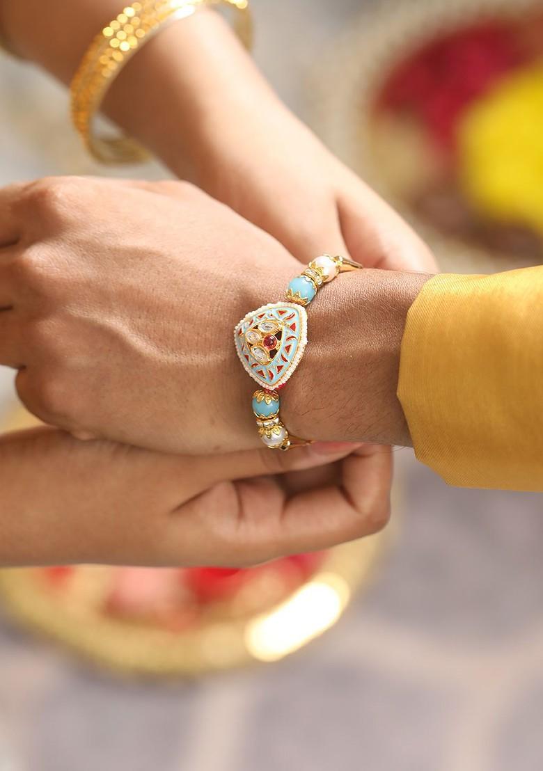 Kundan Studded And Pearl Beaded Meenakari Bhaiya Bhabhi Chain Rakhi With Roli And Chawal