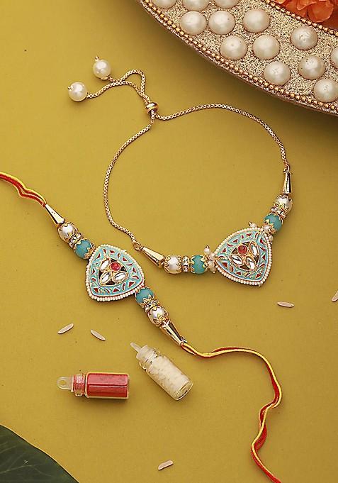 Kundan Studded And Pearl Beaded Meenakari Bhaiya Bhabhi Chain Rakhi With Roli And Chawal